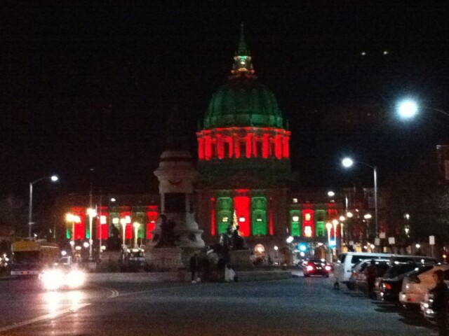 City hall lit up. Walking to dinner plans with j and his friends