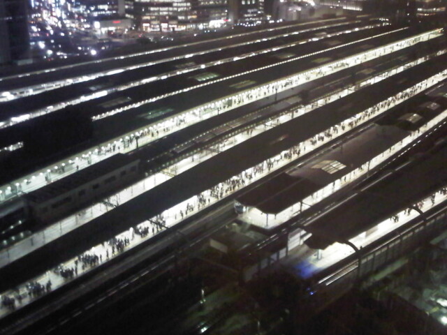View of trains outside of Tokyo station from my hotel room