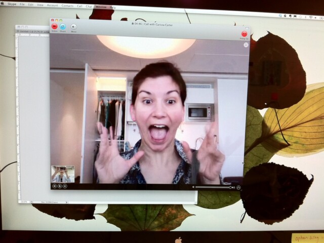 Skypin with keek at work! She was giving me spirit fingers.