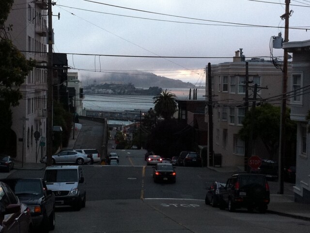 Cool fog over Alcatraz. Sunny in tiburon.