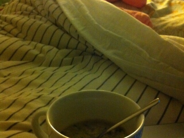 Eatin last night’s soup and then bed. Kik said.