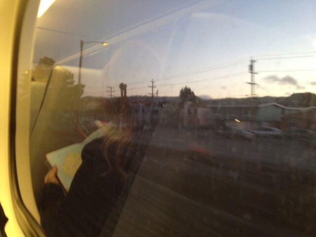 Riding the train back to Menlo – the woman in front of me in the reflection is reading a book about Iceland