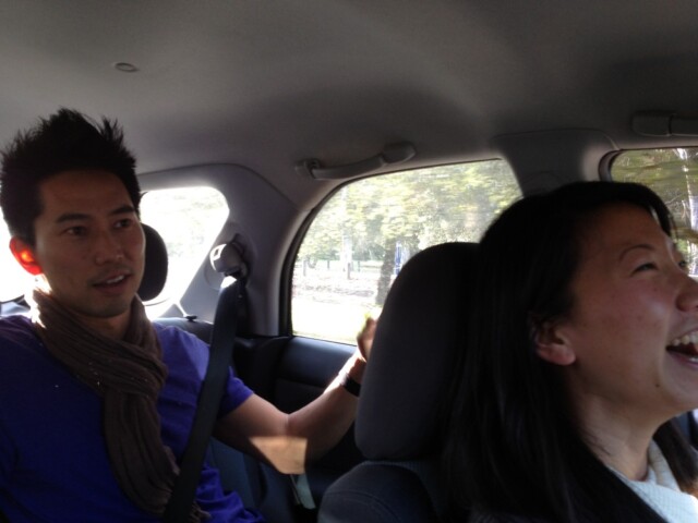 Driving to team dinner with Evelyn and Yusuke