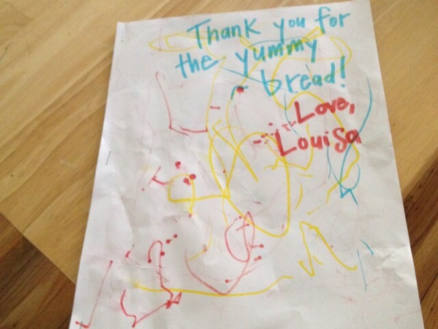 Ty accidentally made an extra blueberry bread and we gave it to our neighbors and Louisa made us a thank you book.